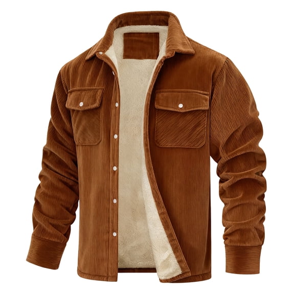 LMOIPLI Men's Thermal Warm Fleece Jackets Winter Corduroy Turn Down Collar Long Sleeve Button Down Shacket Jacket Outwear Brown XXXXXL