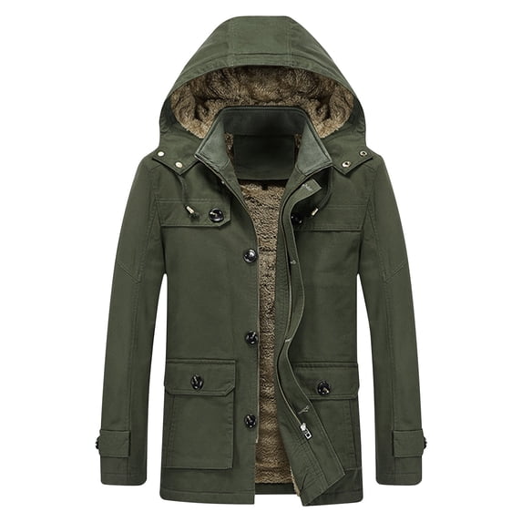 LMOIPLI Men's Thicken Removable Hood Zip Parka Jacket Casual Fleece Warm Thick Padded Cargo Jacket with Multi Pocket Green XXXXL