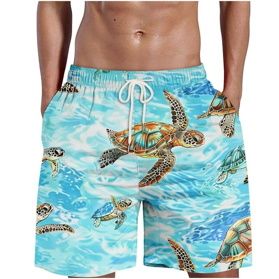 LMOIPLI Men's Tropical Sea Turtle Print Beach Short Elastic Waist Drawstring Quick Dry Casual Summer Swim Trunks with Pockets Light Blue S