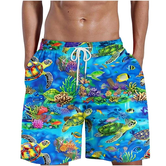 LMOIPLI Men's Tropical Sea Turtle Print Beach Shorts Elastic Waist Drawstring Quick Dry Casual Summer Swim Trunks with Pockets Blue S