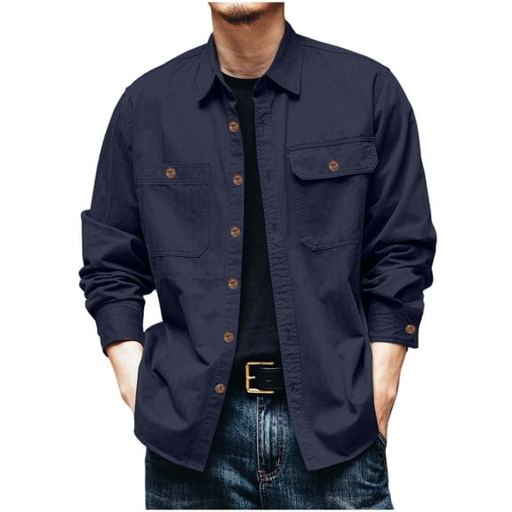LMOIPLI Men's Two Chest Pocket Lapel Work Shirt Jacket Button Down Heavy Cotton Woven Outer Layer For Ranch Yard Maintenance Fishing Excursions & Vintage Western Street Outfits Dark Blue L