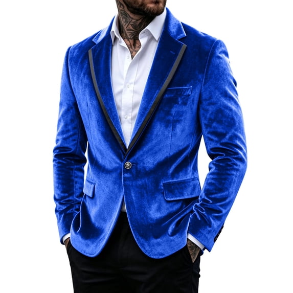 LMOIPLI Men's Velvet One‑Button Tuxedo Blazer Jacket, Satin‑Trim Lapel Long‑Sleeve Outerwear, Formal Evening Party Prom Suit Coat Blue XXL