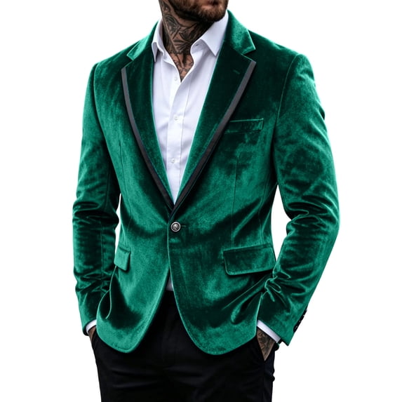 LMOIPLI Men's Velvet One‑Button Tuxedo Blazer Jacket, Satin‑Trim Lapel Long‑Sleeve Outerwear, Formal Evening Party Prom Suit Coat Green L