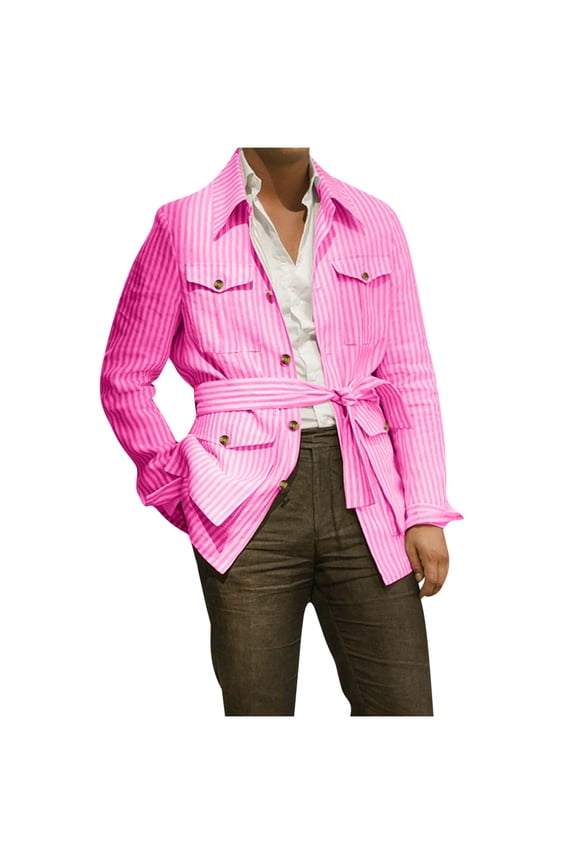 Men's Vertical Striped Shirt Lightweight Beach Vacation Tops Fall Shirts Plus Size Casual Tee Long Sleeve with Pocket Pink XXL