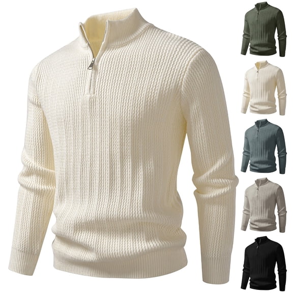 LMOIPLI Men's Waffle Knit Sweater Quarter Zip Mock Neck Long Sleeve Pullover Warm Cozy Textured Knitted Top Slim Fit Sweatshirt Beige M