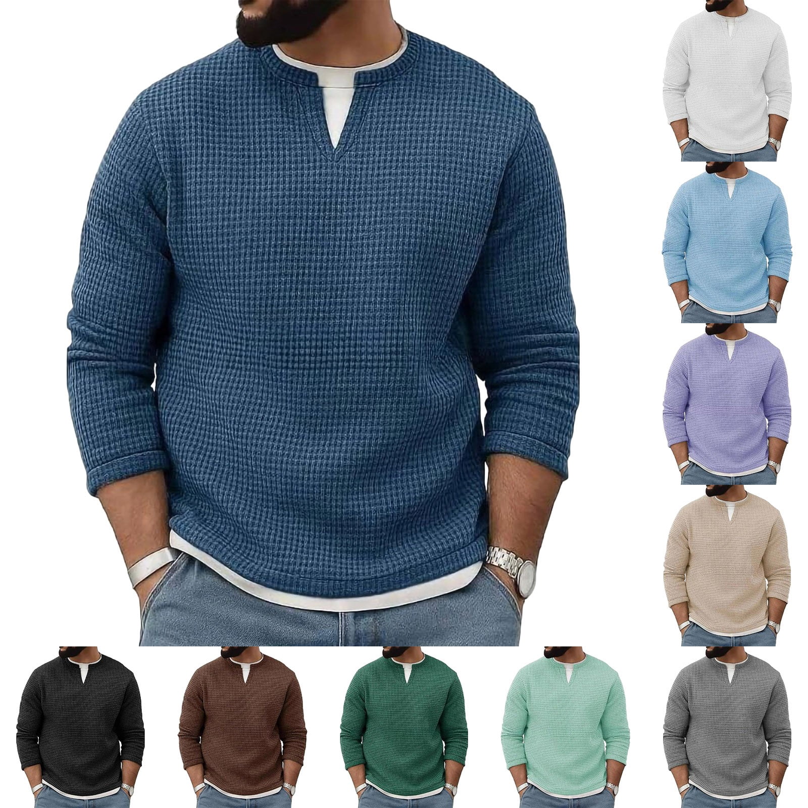 Sweaters Second Base LMOIPLI Men's Waffle Long Sleeve Sweatshirt 2 in 1 V Neck Thermal ...