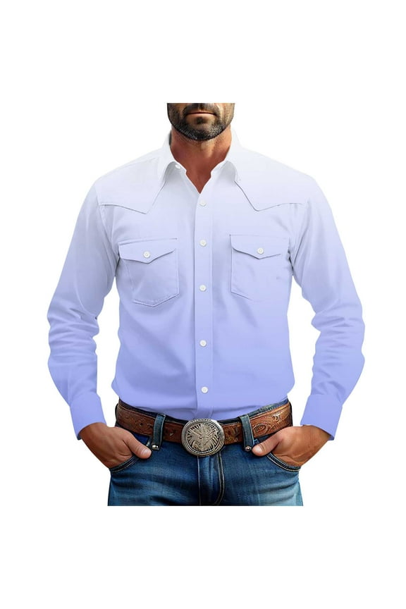 Men's Western Cowboy Shirts Button Down Long Sleeve Work Shirt Fall Casual Vintage Utility Shirts with Flap Pockets Blue M