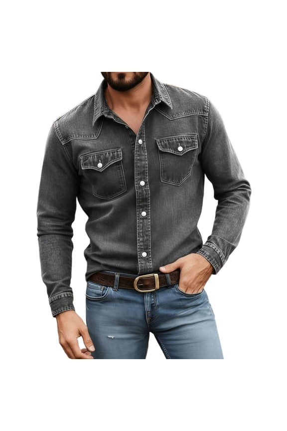 Men's Western Long Sleeve Button Shirt Snap Button Double Chest Pocket Slim Fit Classic Cowboy Style Top for Casual Outdoor and Daily Wear Black XXXL