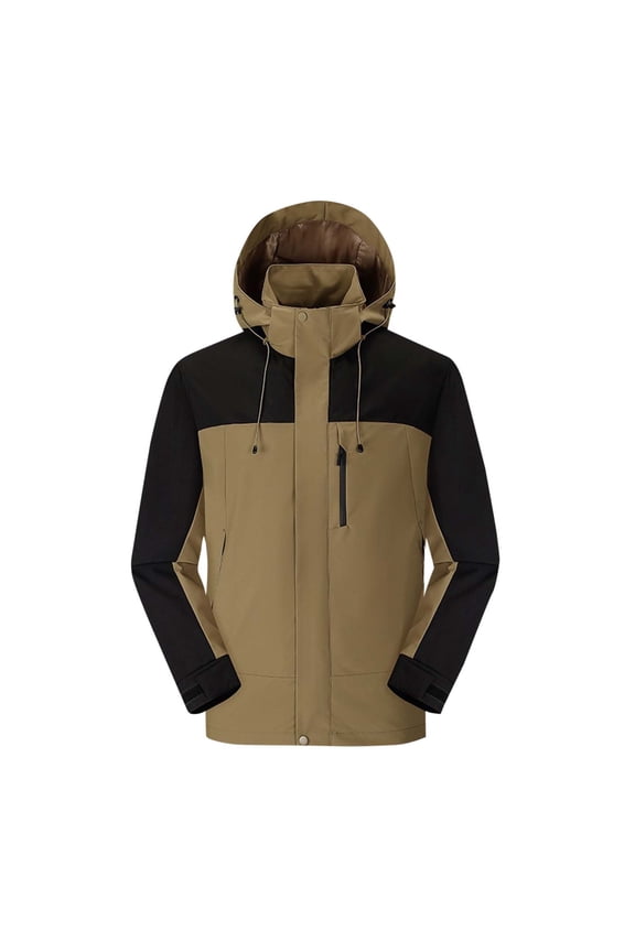 Men's Windproof Zipper Hooded Coat Solid Color Long Sleeve Loose Outdoor Waterproof Jackets Trendy Sports Coat with Pocket Brown S
