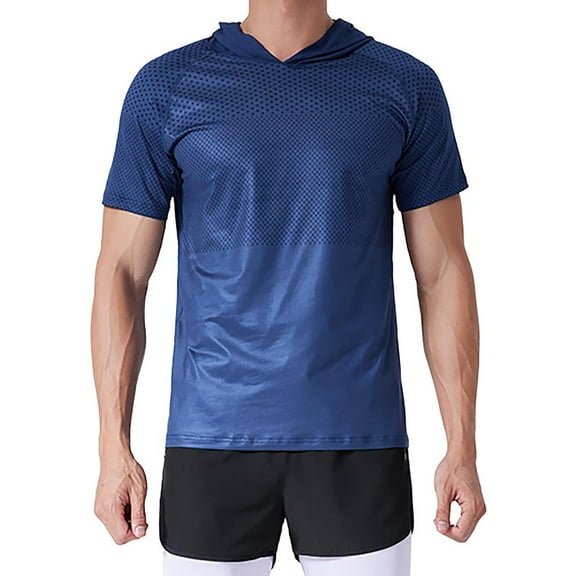 LMOIPLI Men's Workout Color Block Breathable Running Casual Shirts Quick Dry Short Sleeve Elastic Solid Color Athletic Gym T-Shirts Dark Blue L