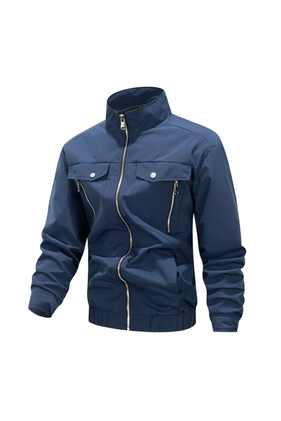 Men's Workwear Baseball Jacket Outdoor Windproof Zipper Closure Long Sleeved Lightweight Comfortable Fall Winter Trendy Loose Coat with Pocket Blue S