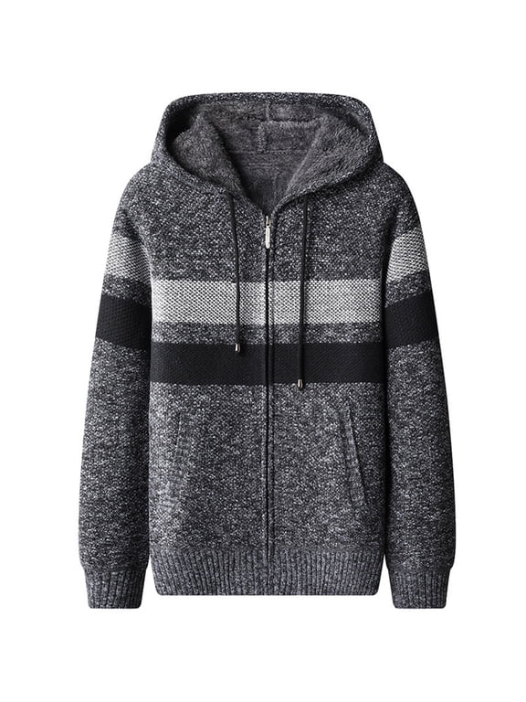 Men's Zip Up Hoodies Casual Long Sleeve Full Zipper Fleece Lined Knit Cardigan Sweater Jacket with Pockets Gray L
