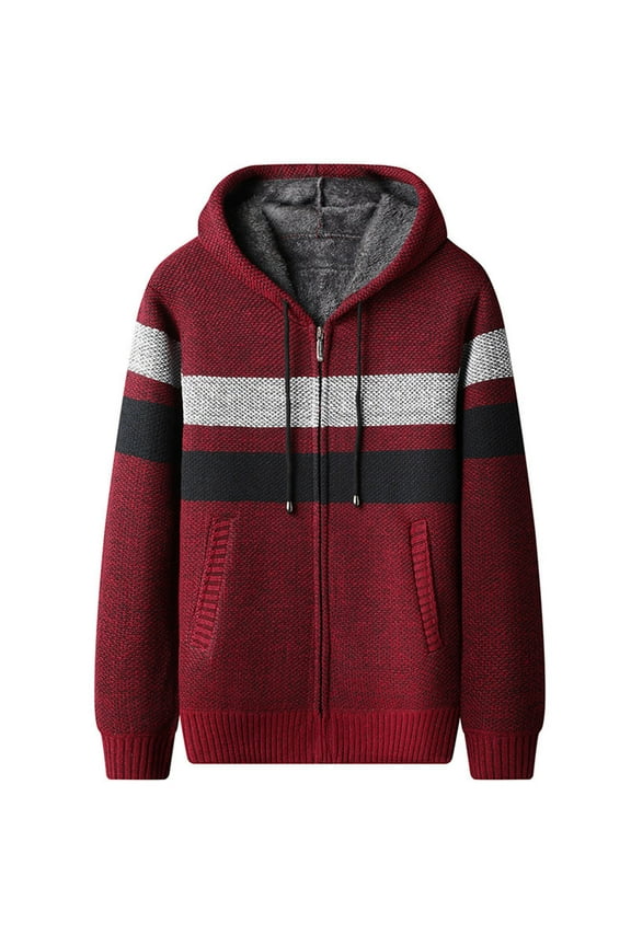 Men's Zip Up Hoodies Casual Long Sleeve Full Zipper Fleece Lined Knit Cardigan Sweater Jacket with Pockets Red L