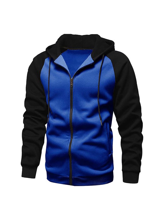 Men's Zip Up Hoodies Jackets Oversized Color Block Long Sleeve Drawstring Warm Winter Outerwear with Pockets Blue L