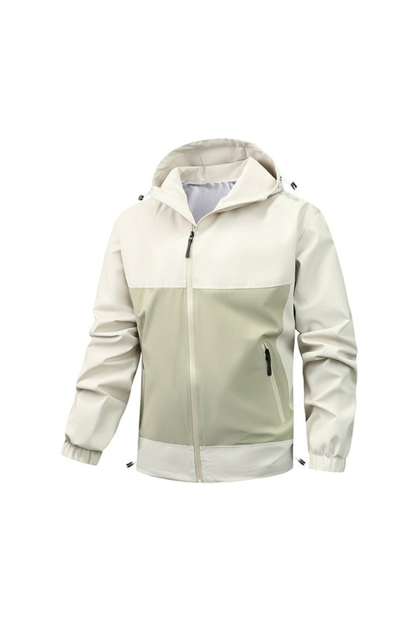 Men's Zip Up Hoodies Patchwork Jackets Oversized Color Block Long Sleeve Drawstring Warm Winter Outerwear with Pockets Beige M