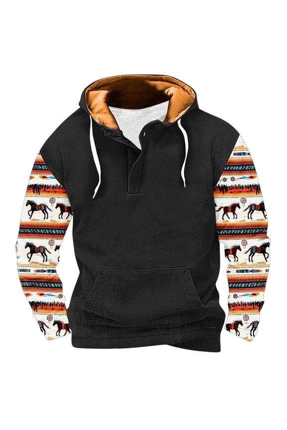 Mens 1/4 Button Fleece Hooded Sweatshirt Oversized Long Sleeve Aztec Graphic Pullover Western Jackets with Pockets Black XL