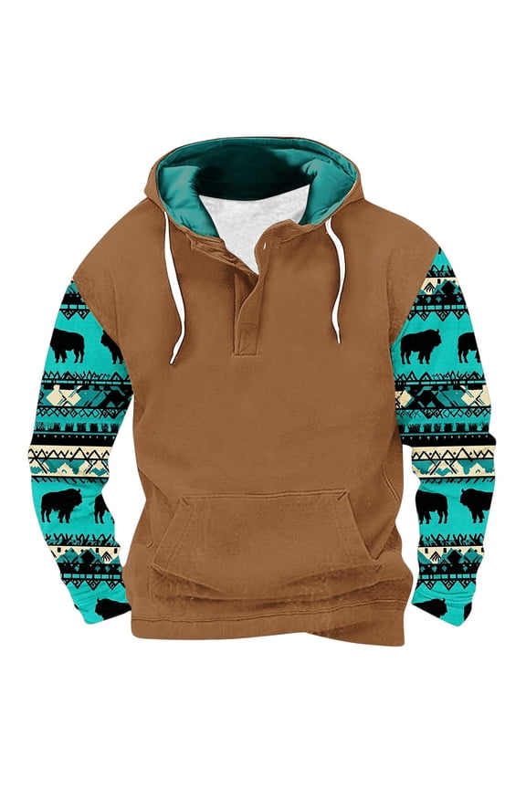 Mens 1/4 Button Fleece Hooded Sweatshirt Oversized Long Sleeve Aztec Graphic Pullover Western Jackets with Pockets Coffee S