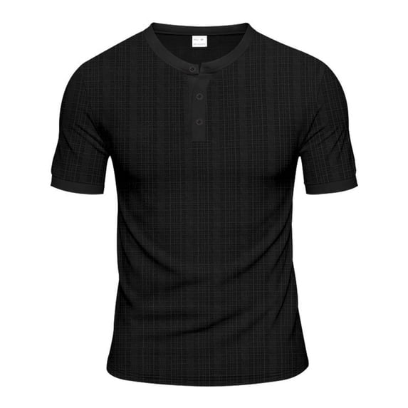 LMOIPLI Mens Button Down Shirts Short Sleeve Henley V Neck Summer Tees Tops Beach Lightweight Loose Breathable Plaid T-Shirts Black XL