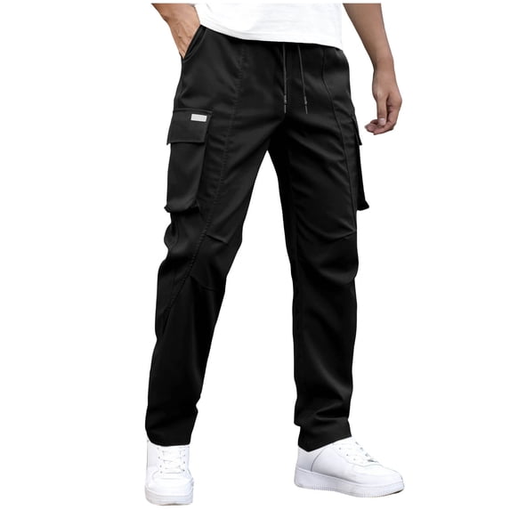 LMOIPLI Mens Cargo Pants Drawstring Casual Hiking Pants Joggers Athletic Trousers Loose Straight Solid Sweatpants Black XL