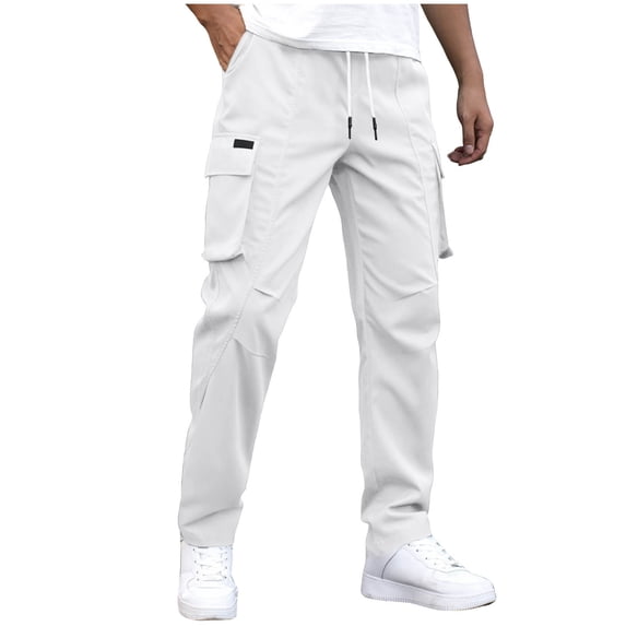 LMOIPLI Mens Cargo Pants Drawstring Casual Hiking Pants Joggers Athletic Trousers Loose Straight Solid Sweatpants White L