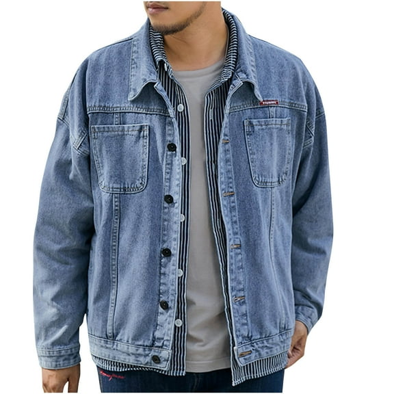 LMOIPLI Mens Classic Lapel Jean Jacket Casual Slim Fit Solid Color Button Coat Pocket Casual Denim Men Jackets Blue XXXL