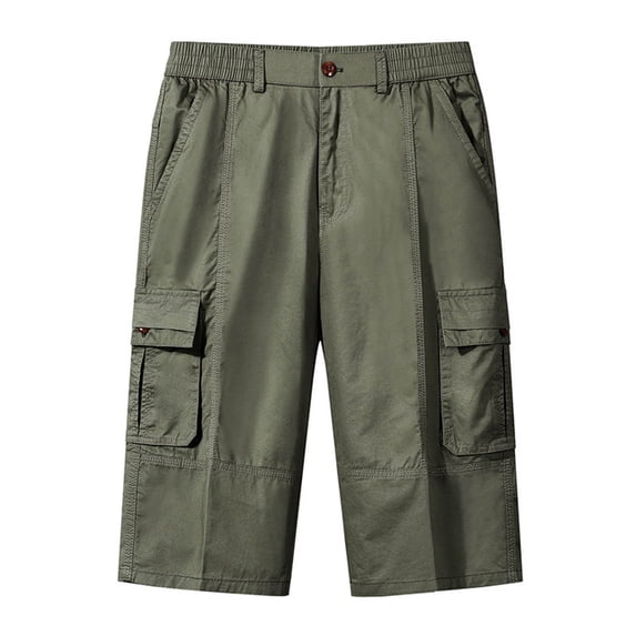 LMOIPLI Mens Cotton Cargo Shorts 3/4 Loose Fit Below Knee Capri Pants Casual Hiking Shorts Sports Joggers Multiple Pockets Army Green XL
