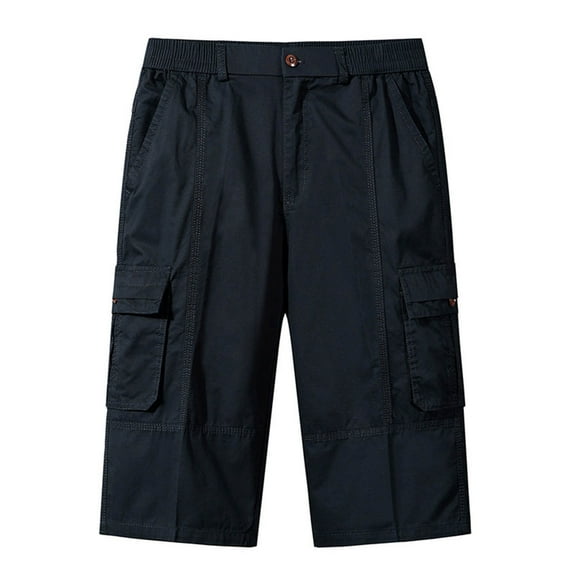 LMOIPLI Mens Cotton Cargo Shorts 3/4 Loose Fit Below Knee Capri Pants Casual Hiking Shorts Sports Joggers Multiple Pockets Dark Blue XXXXXL