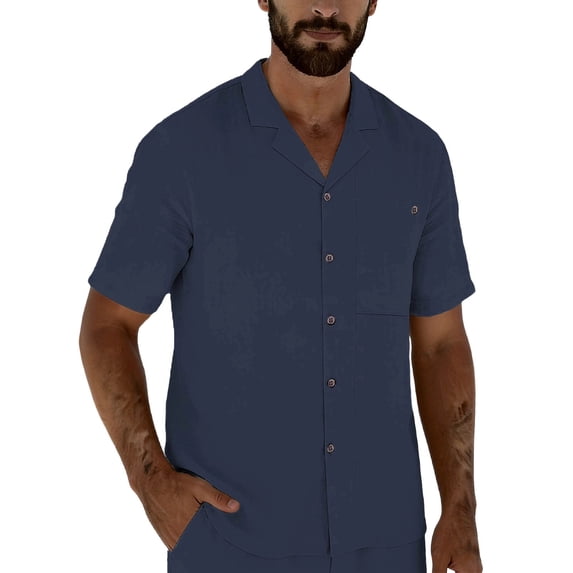 LMOIPLI Mens Cotton Linen Button Down Shirt Casual Short Sleeve Spread Collar Summer Beach Dress Shirts Lightweight Work Shirts Navy S