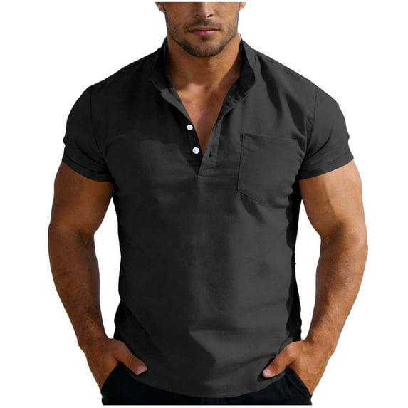 LMOIPLI Mens Cotton Linen Short Sleeve Shirts Summer Button Henley T-Shirts Casual Solid Color Basic Tees Fashion Outfits with Pocket Black S