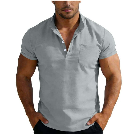LMOIPLI Mens Cotton Linen Short Sleeve Shirts Summer Button Henley T-Shirts Casual Solid Color Basic Tees Fashion Outfits with Pocket Gray XXXL