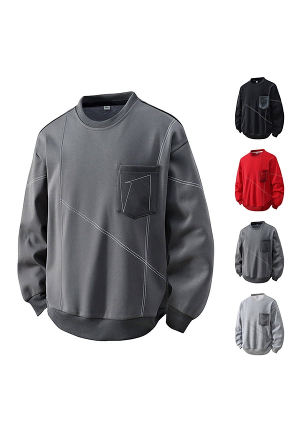 Mens Crew Neck Sweatshirt Long Sleeve Patchwork Pullover Tops with Chest Pocket Plus Size Loose Trendy Fall Shirts Gray L