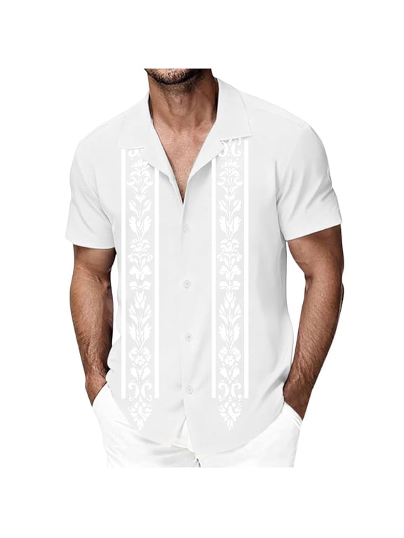 Mens Cuban Guayabera Shirts Short Sleeve Shirt Casual Hippie Beach Hawaiian Button Down Summer Shirt White L