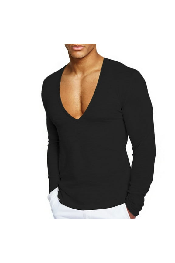 Mens Deep V Neck Cotton T-Shirts Long Sleeve Undershirt Stretch Underwear Muscle Fit Low Cut Workout Slim Fit Top Black M