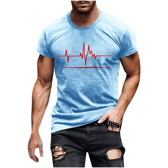 LMOIPLI Mens Fashionable Printed Crew Neck T-Shirts Short Sleeve Casual Summer Basic Tee Muscle Slim Fit Workout T-Shirt Light Blue XXXXL