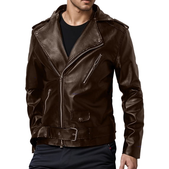 LMOIPLI Mens Faux Leather Zipper Jackets Lapel Collar Casual Long Sleeve Solid Color Coats Fall Winter Trendy Loose Coat with Pocket Brown XXXL