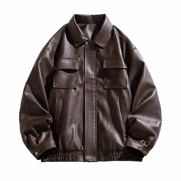 LMOIPLI Mens Faux Leather Zipper Motorcycle Jackets Lapel Collar Casual Long Sleeve Solid Color Coats Fall Winter Trendy Loose Coat with Pocket Brown XXXL