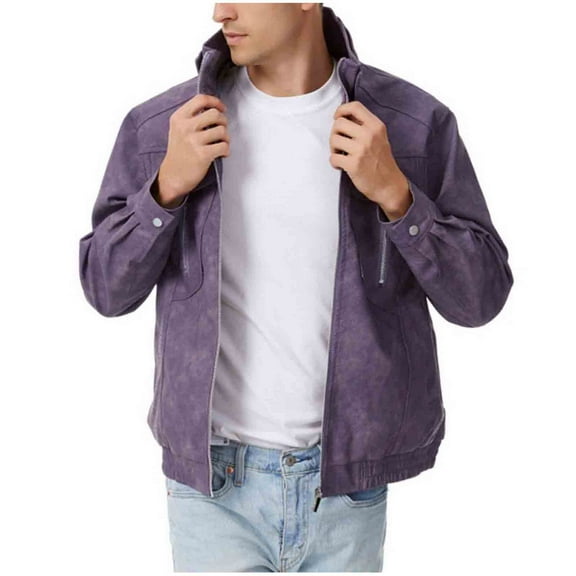 LMOIPLI Mens Faux Leather Zipper Windproof Jackets Lapel Collar Casual Long Sleeve Solid Color Coats Fall Winter Trendy Loose Coat with Pocket Purple XL