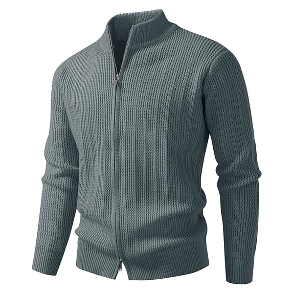 LMOIPLI Mens Full Zipper Cardigan Coats Casual Stand Collar Textured Zip Jackets Ribbed Knit Long Sleeve Chunky Sweater Gray M