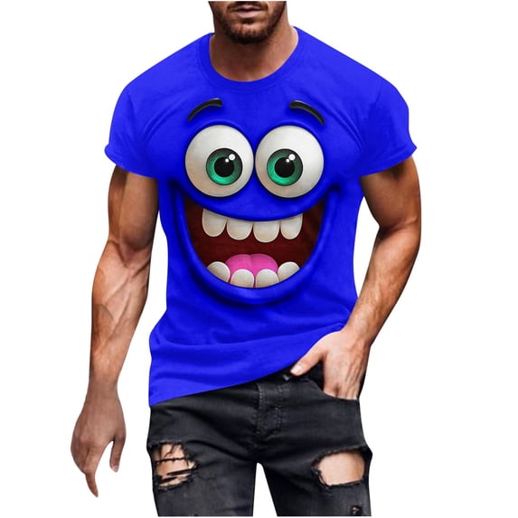 LMOIPLI Mens Funny Cartoon Face Graphic T-Shirt Short Sleeve Crew Neck Breathable Casual Lightweight Comfy T Shirts Blue XXL