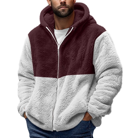 LMOIPLI Mens Fuzzy Hooded Jacket Fleece Long Sleeve Full Zip Sweatshirt Casual Warm Winter Coats Outdoor Fashion Red S