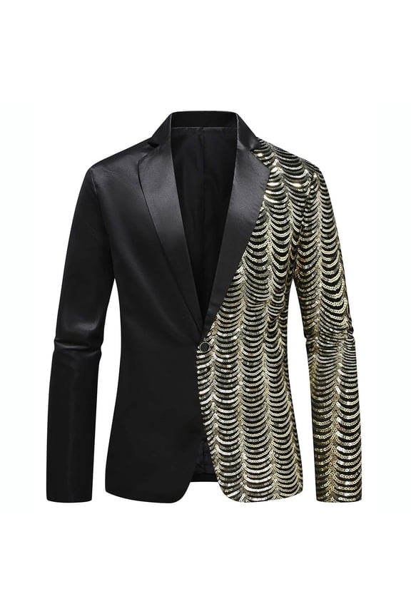 Mens Gold Sequin Jacquard Tuxedo Blazer Satin Peak Lapel Single Button Formal Suit Jacket for Wedding Party Stage Prom Night Out Gold M