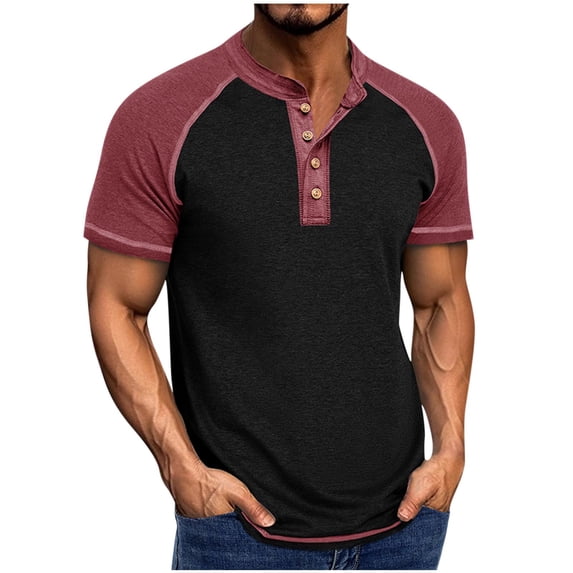 LMOIPLI Mens Henley Shirts Short Sleeve Casual Button Basic Slim Fit T-Shirts Summer Lightweight Pullover Tee Shirts Red L
