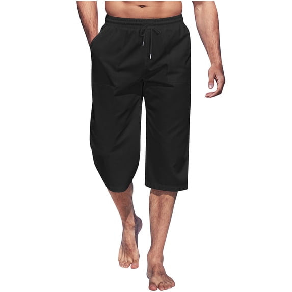 LMOIPLI Mens Linen Capri Pants Summer Loose Fit Elastic Waist Drawstring Wide Leg Harem Pants Solid Breathable Comfy Capris Black XXL