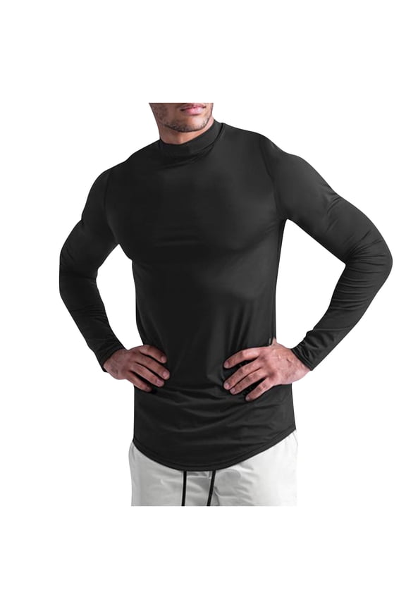Mens Mock Turtleneck T-Shirts Long Sleeve Solid Color Tees Shirts Basic Casual Slim Fit Pullover T Shirts Black M