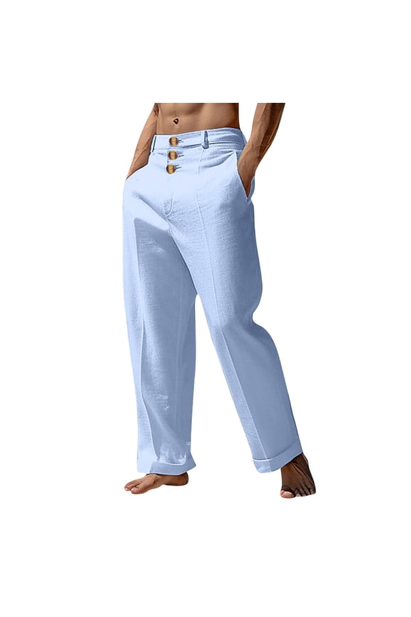 Mens Palazzo Pants Solid Casual Dressy High Wasited Wide Leg Botton Pants Business Work Comfy Outfits with Pockets Light Blue S