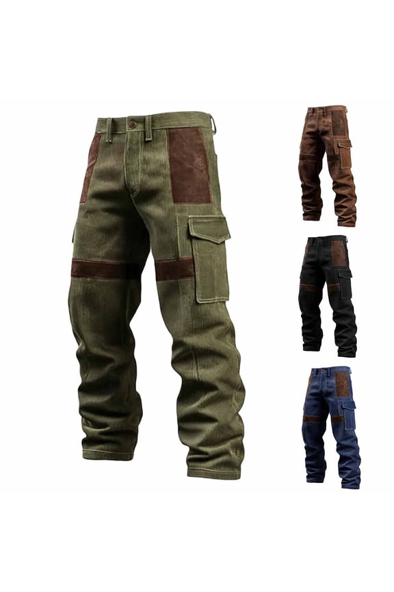 Mens Patchwork Cargo Pants Washed Denim and Corduroy Fabric Casual Streetwear Trousers with Multi Pocket Design Navy S