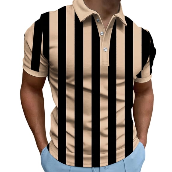 LMOIPLI Mens Plus Size Shirt Striped Color Block Golf Shirts Turndown Collar Button Short Sleeve Loose Fit Sports Tops Coffee XL