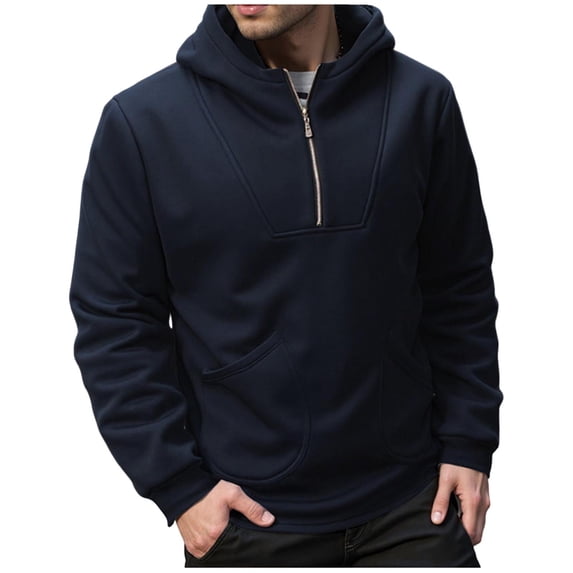 LMOIPLI Mens Quarter Zip Fall Winter Casual Hoodie Sweatshirt Solid Color Long Sleeve Drawstring Pullover Top Clothing Navy S