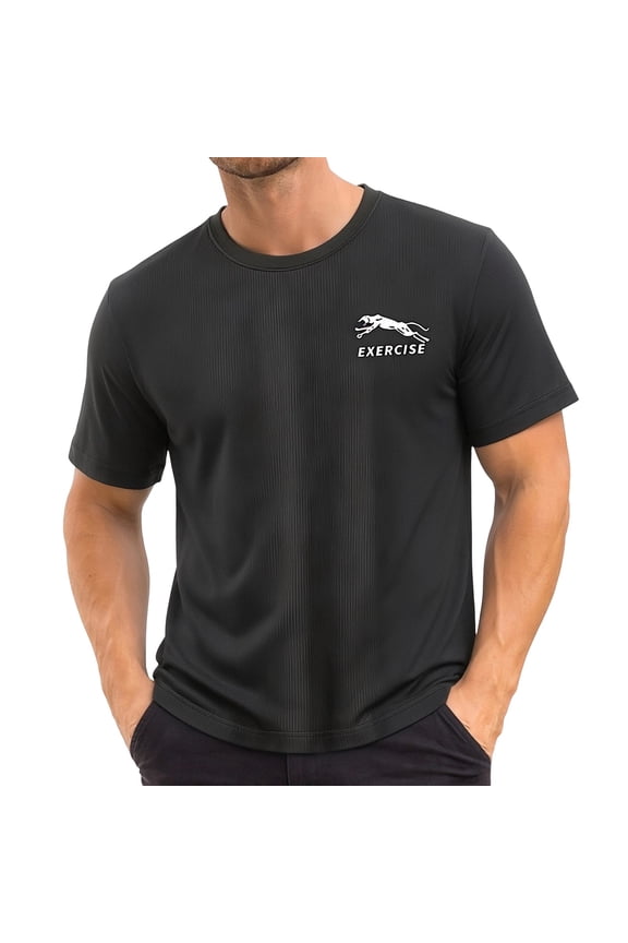 Mens Quick Dry Crew Neck T Shirt with Exercise Logo Print Athletic Short Sleeve Tee for Gym Running Training and Casual Activities Black M