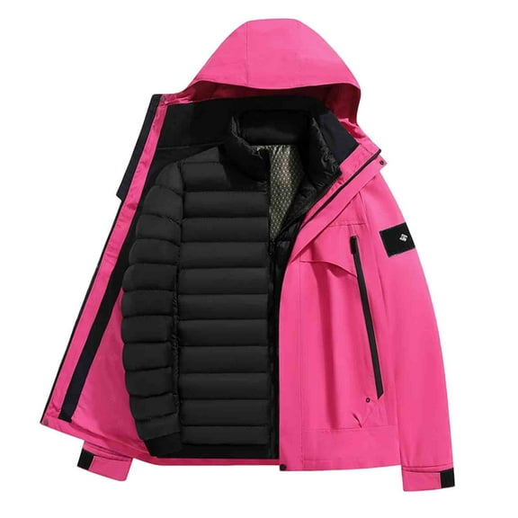 LMOIPLI Mens Quilted Puffer Jacket With Detachable Liner Zipper Hooded Jacket Warm Winter Coat Windproof Thickened Outwear Pink XXXXL